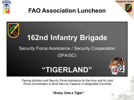 “Every One a Tiger” Training Advisors and Security Force Assistance for the Army and for Joint Force Commanders to Build Security Capacity in Designated.