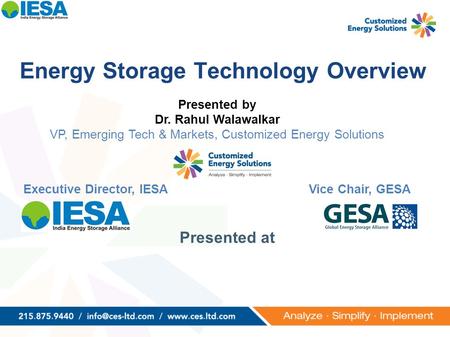 Presented by Dr. Rahul Walawalkar VP, Emerging Tech & Markets, Customized Energy Solutions Executive Director, IESAVice Chair, GESA Energy Storage Technology.
