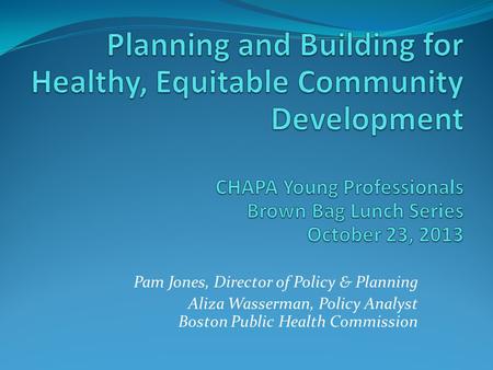 Pam Jones, Director of Policy & Planning Aliza Wasserman, Policy Analyst Boston Public Health Commission.