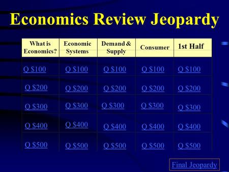 Economics Review Jeopardy What is Economics? Economic Systems Demand & Supply Consumer 1st Half Q $100 Q $200 Q $300 Q $400 Q $500 Q $100 Q $200 Q $300.
