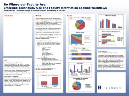 Julia Bauder, Grinnell College & Jenny Emanuel, University of Illinois Be Where our Faculty Are: Emerging Technology Use and Faculty Information Seeking.