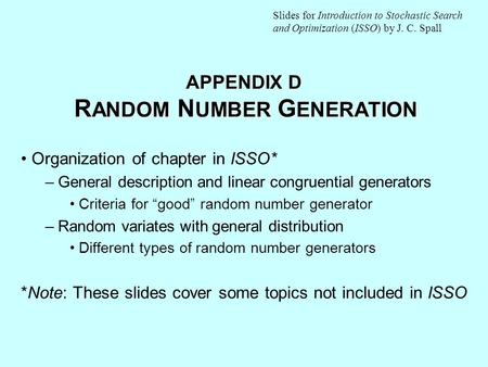 APPENDIX D RANDOM NUMBER GENERATION
