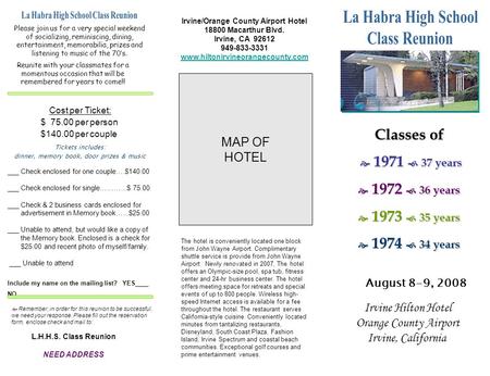 Classes of  1971  37 years  1971  37 years  1972  36 years  1973  35 years  1974  34 years August 8-9, 2008 Irvine Hilton Hotel Orange County.