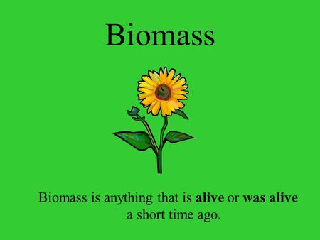 Biomass Biomass is anything that is alive or was alive a short time ago.