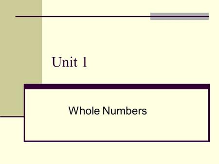 Unit 1 Whole Numbers. 2 PLACE VALUE The value of any digit depends on its place value Place value is based on multiples of 10 as follows: UNITSTENSHUNDREDSTHOUSANDS.