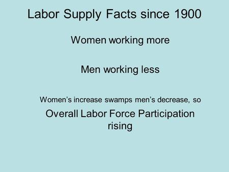 Labor Supply Facts since 1900 Women working more Men working less Women’s increase swamps men’s decrease, so Overall Labor Force Participation rising.