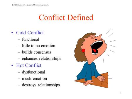 © 2001 Wadsworth, a division of Thomson Learning, Inc 1 Conflict Defined Cold Conflict –functional –little to no emotion –builds consensus –enhances relationships.