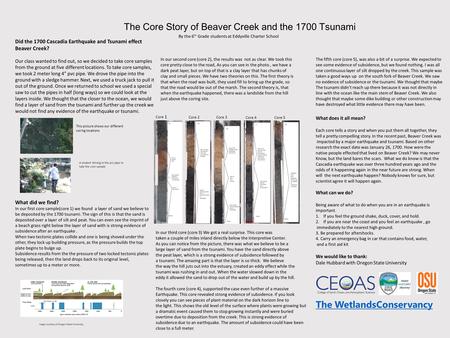 The Core Story of Beaver Creek and the 1700 Tsunami Did the 1700 Cascadia Earthquake and Tsunami effect Beaver Creek? Our class wanted to find out, so.