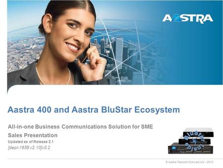 © Aastra Telecom Schweiz AG – 2013 Sales Presentation Updated as of Release 2.1 [depl-1658 v2.10]v0.2 Aastra 400 and Aastra BluStar Ecosystem All-in-one.
