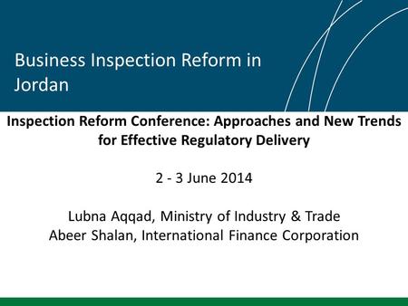 Inspection Reform Conference: Approaches and New Trends for Effective Regulatory Delivery 2 - 3 June 2014 Lubna Aqqad, Ministry of Industry & Trade Abeer.