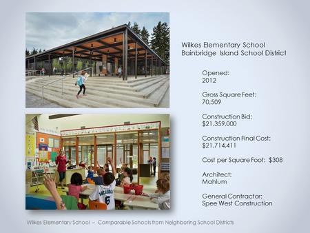 Wilkes Elementary School – Comparable Schools from Neighboring School Districts Opened: 2012 Gross Square Feet: 70,509 Construction Bid: $21,359,000 Construction.
