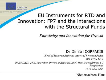 EU Instruments for RTD and Innovation: FP7 and the interactions with the Structural Funds Knowledge and Innovation for Growth Dr Dimitri CORPAKIS Head.