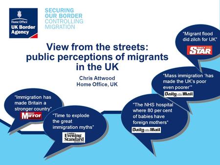 View from the streets: public perceptions of migrants in the UK Chris Attwood Home Office, UK “Immigration has made Britain a stronger country” “Immigration.