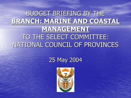 BUDGET BRIEFING BY THE BRANCH: MARINE AND COASTAL MANAGEMENT TO THE SELECT COMMITTEE: NATIONAL COUNCIL OF PROVINCES 25 May 2004.