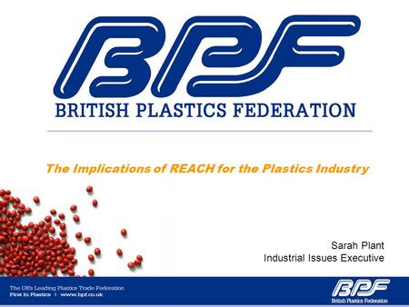 The Implications of REACH for the Plastics Industry Sarah Plant Industrial Issues Executive.