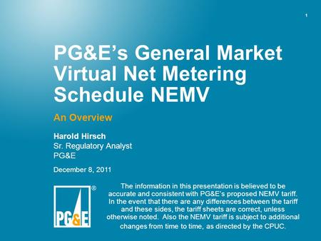PG&E’s General Market Virtual Net Metering Schedule NEMV