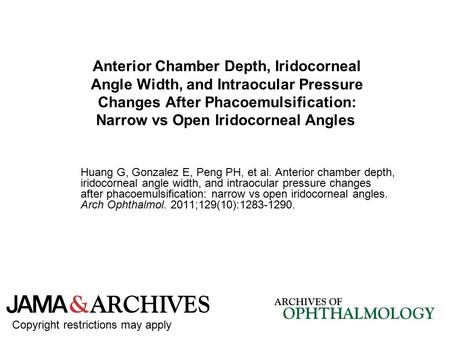 Anterior Chamber Depth, Iridocorneal Angle Width, and Intraocular Pressure Changes After Phacoemulsification: Narrow vs Open Iridocorneal Angles Huang.
