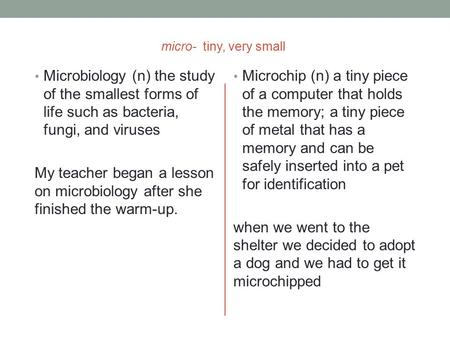 Micro- tiny, very small Microbiology (n) the study of the smallest forms of life such as bacteria, fungi, and viruses My teacher began a lesson on microbiology.