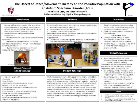 The Effects of Dance/Movement Therapy on the Pediatric Population with an Autism Spectrum Disorder (ASD) Anna Marie Usery and Stephanie Wilton Bellarmine.