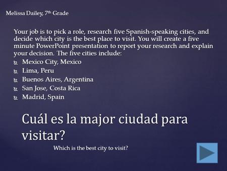 Your job is to pick a role, research five Spanish-speaking cities, and decide which city is the best place to visit. You will create a five minute PowerPoint.