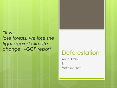 Deforestation Anisa Amin & Fatima Anjum “If we lose forests, we lose the fight against climate change” –GCP report.