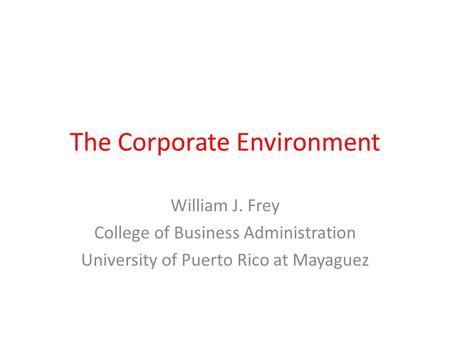 The Corporate Environment William J. Frey College of Business Administration University of Puerto Rico at Mayaguez.
