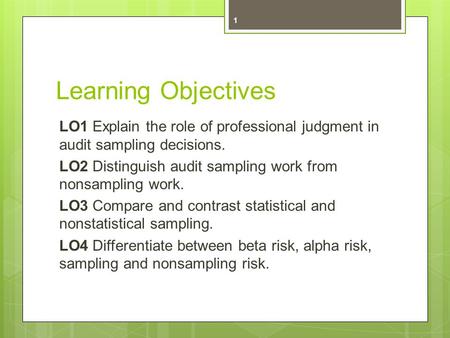 Learning Objectives LO1 Explain the role of professional judgment in audit sampling decisions. LO2 Distinguish audit sampling work from nonsampling work.