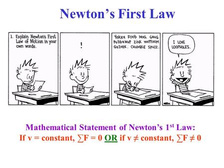 Newton’s First Law Mathematical Statement of Newton’s 1st Law: