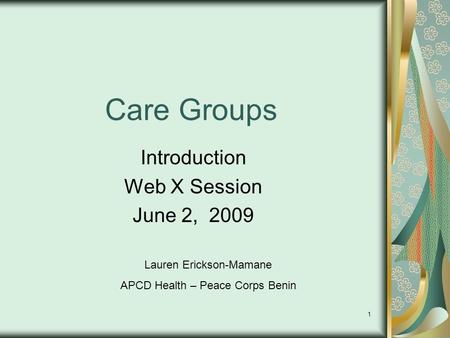 1 Care Groups Introduction Web X Session June 2, 2009 Lauren Erickson-Mamane APCD Health – Peace Corps Benin.