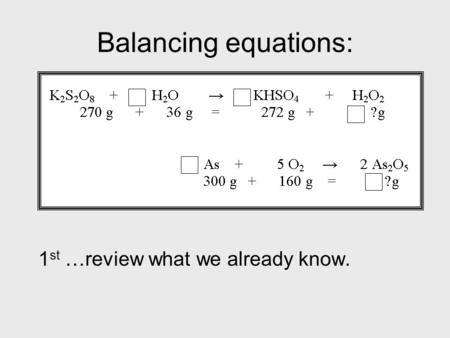 Balancing equations: 1 st …review what we already know.