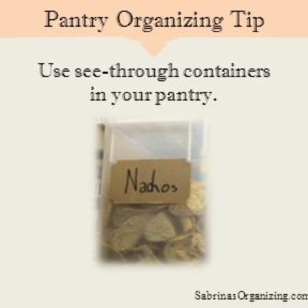 Use see-through containers in your pantry. Pantry Organizing Tip SabrinasOrganizing.com/blog.