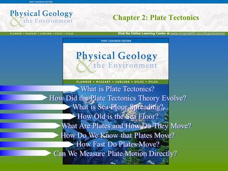 Chapter 2: Plate Tectonics Visit the Online Learning Centre at www.mcgrawhill.ca/college/plummerwww.mcgrawhill.ca/college/plummer Chapter 2: Plate Tectonics.
