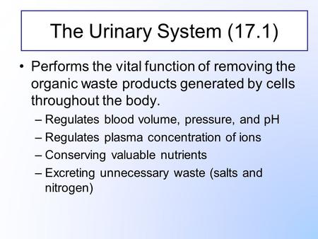 Performs the vital function of removing the organic waste products generated by cells throughout the body. –Regulates blood volume, pressure, and pH –Regulates.