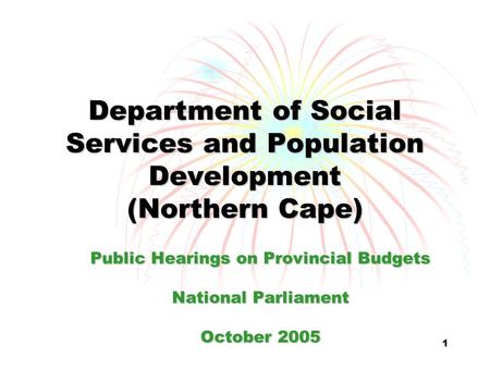 1 Department of Social Services and Population Development (Northern Cape) Public Hearings on Provincial Budgets National Parliament October 2005.