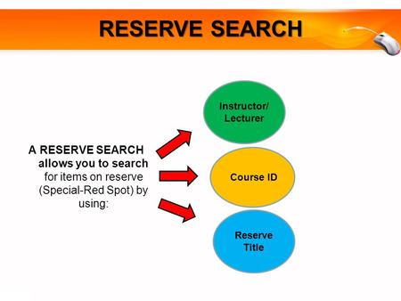 A RESERVE SEARCH allows you to search for items on reserve (Special-Red Spot) by using: RESERVE SEARCH Course ID Reserve Title Instructor/ Lecturer.