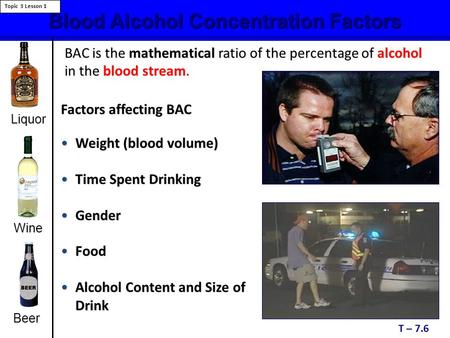 Blood Alcohol Concentration Factors T – 7.6 Topic 3 Lesson 1 Liquor Beer Weight (blood volume)Weight (blood volume) Time Spent DrinkingTime Spent Drinking.