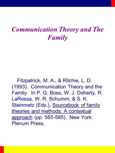 Communication Theory and The Family Fitzpatrick, M. A., & Ritchie, L. D. (1993). Communication Theory and the Family. In P. G. Boss, W. J. Doherty, R.