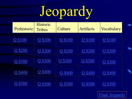 Jeopardy Prehistoric Historic Tribes CultureArtifacts Vocabulary Q $100 Q $200 Q $300 Q $400 Q $500 Q $100 Q $200 Q $300 Q $400 Q $500 Final Jeopardy.