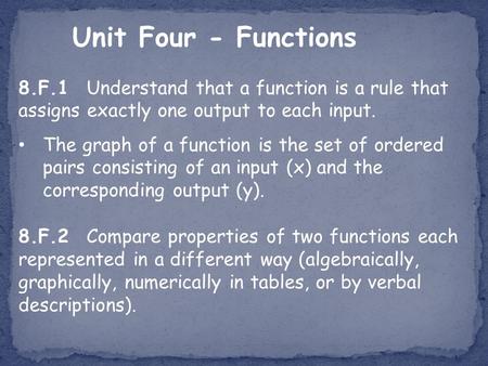 Unit Four - Functions 8.F.1 Understand that a function is a rule that assigns exactly one output to each input. The graph of a function is the set of ordered.