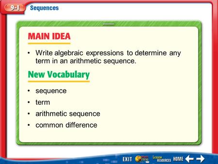 Write algebraic expressions to determine any term in an arithmetic sequence. common difference Main Idea/Vocabulary.
