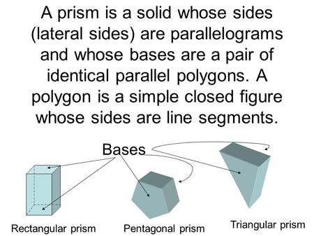 A prism is a solid whose sides (lateral sides) are parallelograms and whose bases are a pair of identical parallel polygons. A polygon is a simple closed.
