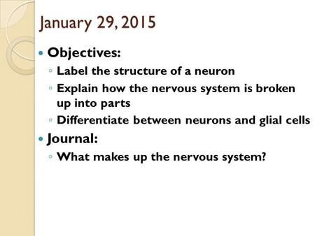 January 29, 2015 Objectives: ◦ Label the structure of a neuron ◦ Explain how the nervous system is broken up into parts ◦ Differentiate between neurons.