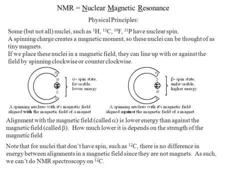 NMR = Nuclear Magnetic Resonance Some (but not all) nuclei, such as 1 H, 13 C, 19 F, 31 P have nuclear spin. A spinning charge creates a magnetic moment,