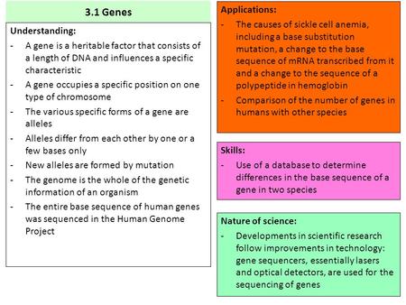 3.1 Genes Understanding: -A gene is a heritable factor that consists of a length of DNA and influences a specific characteristic -A gene occupies a specific.