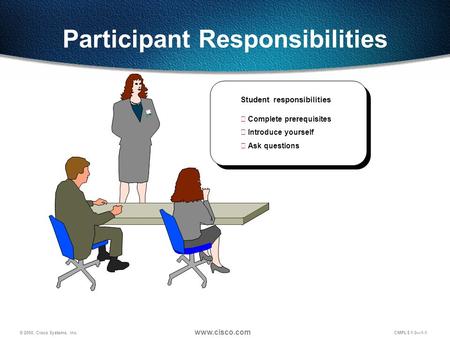 © 2000, Cisco Systems, Inc. www.cisco.com CMPLS 1.0—1-1 Participant Responsibilities Student responsibilities  Complete prerequisites  Introduce yourself.