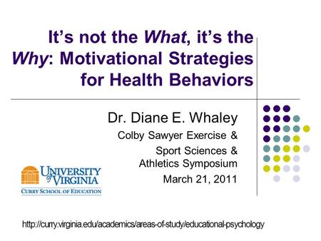 It’s not the What, it’s the Why: Motivational Strategies for Health Behaviors Dr. Diane E. Whaley Colby Sawyer Exercise & Sport Sciences & Athletics Symposium.