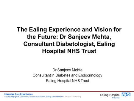 The Ealing Experience and Vision for the Future: Dr Sanjeev Mehta, Consultant Diabetologist, Ealing Hospital NHS Trust Dr Sanjeev Mehta Consultant in Diabetes.