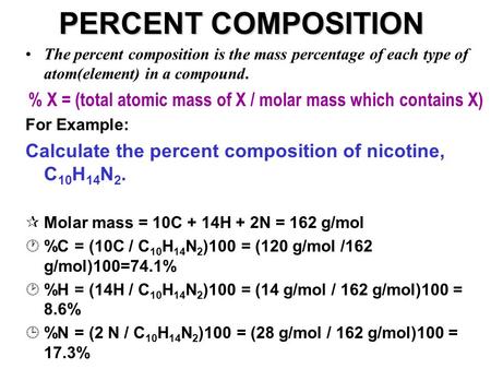 % X = (total atomic mass of X / molar mass which contains X)