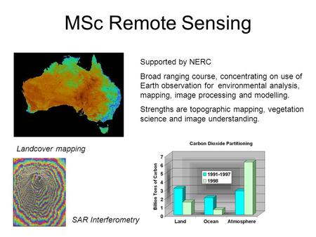 MSc Remote Sensing Supported by NERC Broad ranging course, concentrating on use of Earth observation for environmental analysis, mapping, image processing.