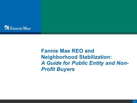 1 Fannie Mae REO and Neighborhood Stabilization: A Guide for Public Entity and Non- Profit Buyers.